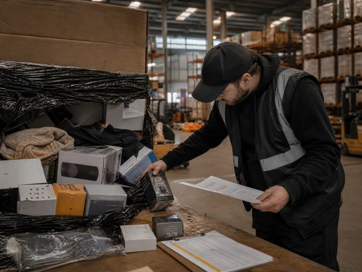 A worker sorting liquidation inventory against a manifest checklist in the warehouse